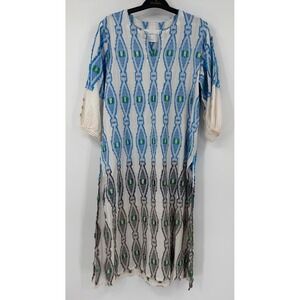 Chapter 2 Women Blue Ikat Eyelash Fringe Midi Dress Tunic Kaftan Small